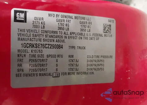 2012 Chevrolet Silverado 1500 Lt z USA, uszkodzony, nr VIN 1GCRKSE76CZ290084